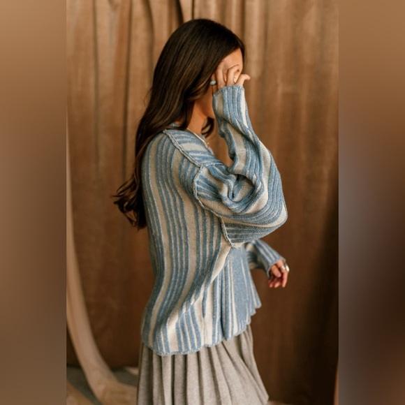 NWOT EMBER WASHED BLUE & CREAM STRIPE SWEATER - Picture 3 of 8